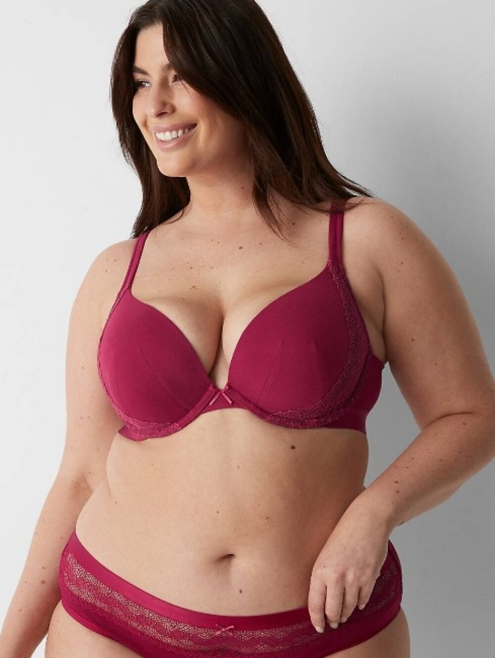 Cacique Cotton Boost Plunge Bra with Lace 48C Beet Red